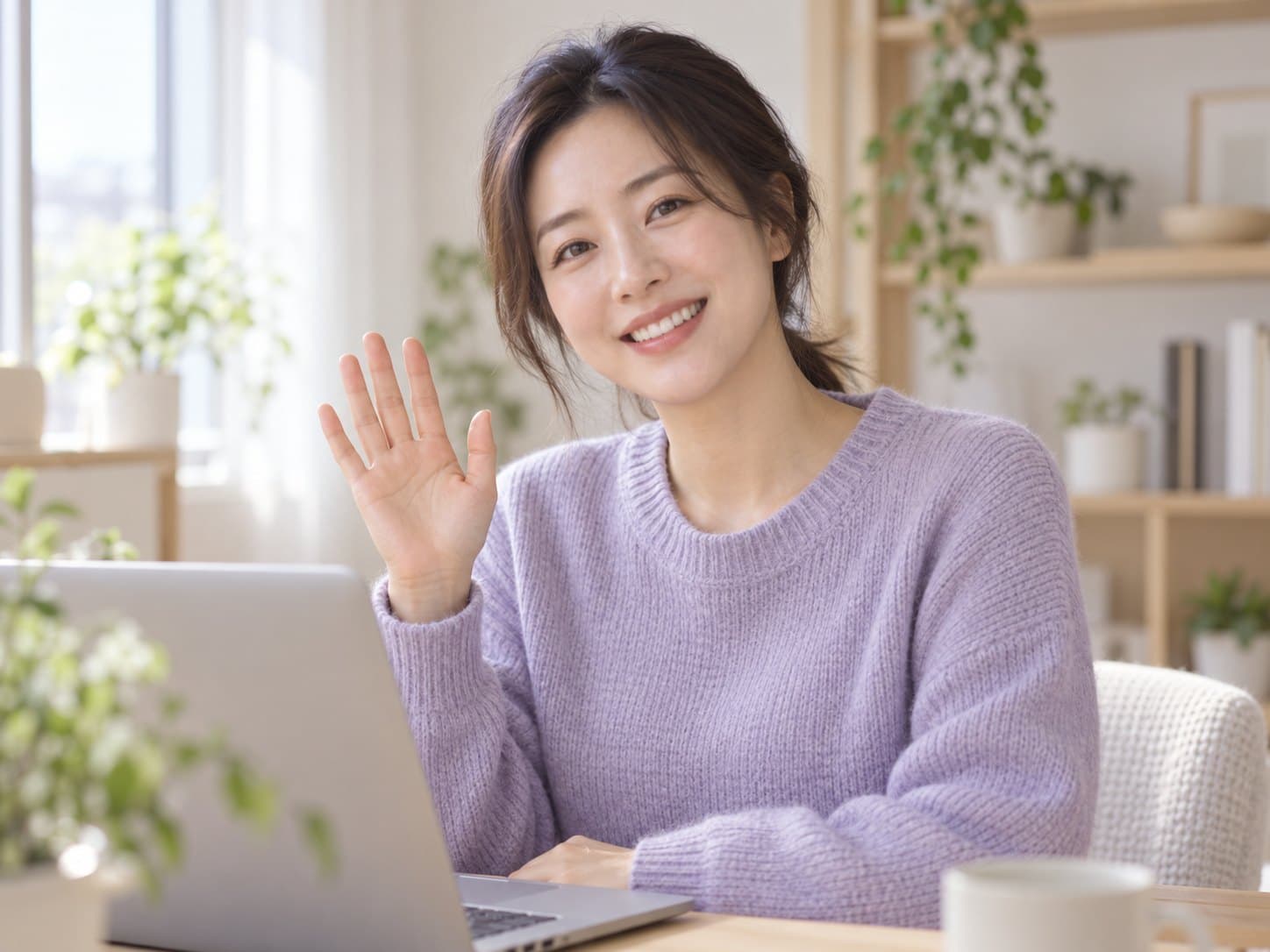 A Korean teacher waving hello at her laptop